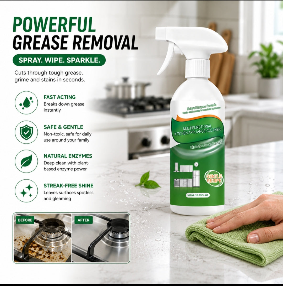 FlyCleanse Multi-Surface Grease Remover displayed on kitchen countertop with spray nozzle and cleaning cloth.