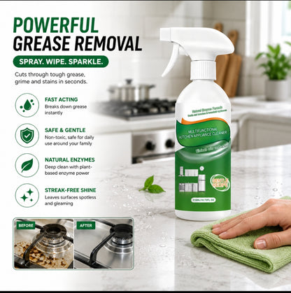 FlyCleanse Multi-Surface Grease Remover displayed on kitchen countertop with spray nozzle and cleaning cloth.