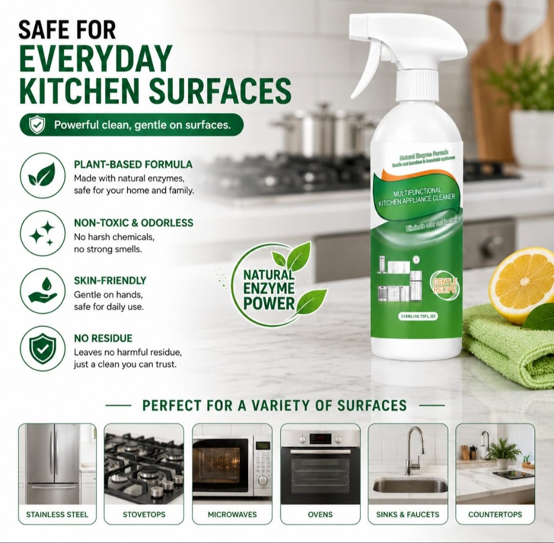 FlyCleanse Multi-Surface Grease Remover bottle with kitchen surfaces, plant-based cleaner, natural enzyme power.