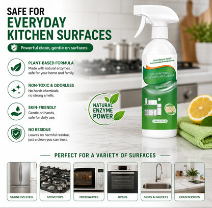 FlyCleanse Multi-Surface Grease Remover bottle with kitchen surfaces, plant-based cleaner, natural enzyme power.