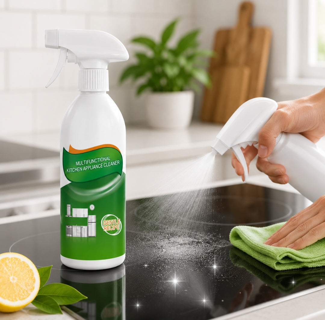 FlyCleanse Multi-Surface Grease Remover being used on a kitchen stovetop for effective cleaning.